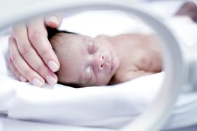 Adult hand gently stroking a mico preemie in an incubator 