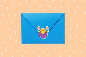 invitation with shrugging mom emoji sticker on it