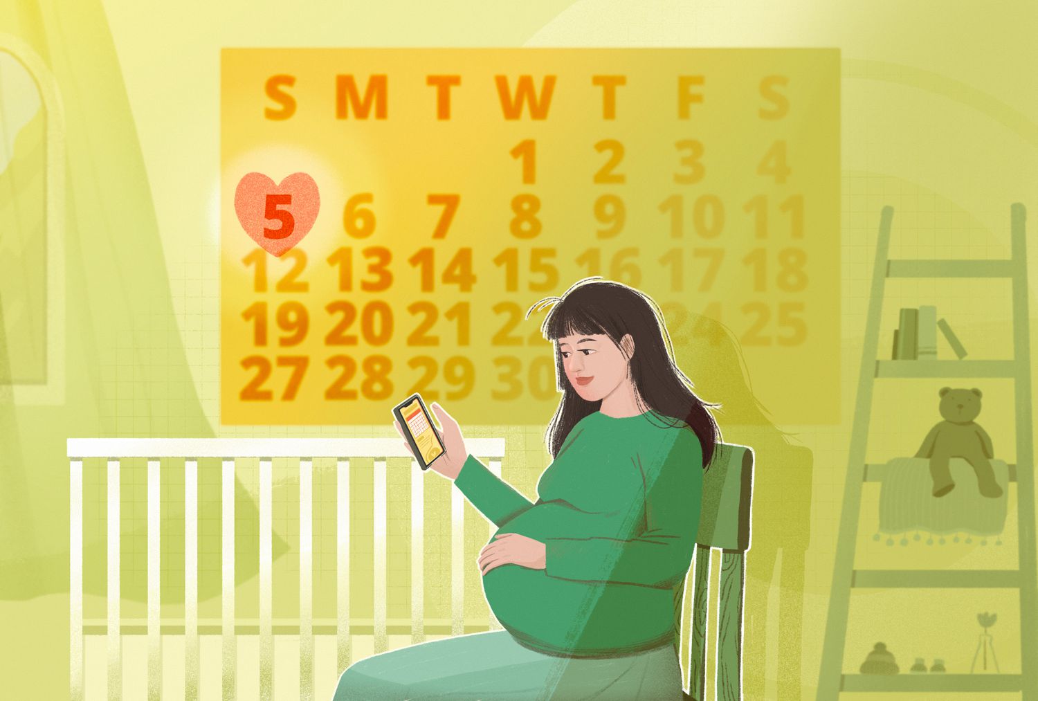 Woman using due date calculator while sitting in her baby's nursery