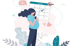 illustration of pregnant person standing in front of calendar with due date on it