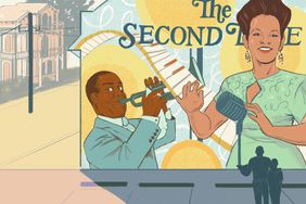 Illustration of father and son standing in front of a mural of jazz musicians in New Orleans