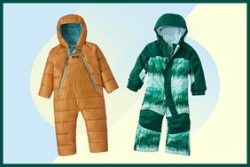 An amber-colored and a green-colored children's snowsuits against a multicolored background.