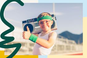 boy in 80s style clothes holding boom box