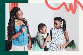 Kids rapping on microphones in living room.