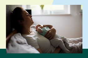 woman laying in bed with newborn baby on her chest