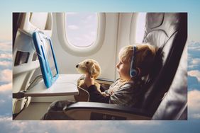 young boy in an airplane seat watching a tablet with earphones on