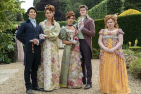 Bridgerton. (L to R) James Phoon as Harry Dankworth, Bessie Carter as Prudence Featherington, Harriet Cains as Philipa Featherington, Lorn Macdonald as Albion Finch, Nicola Coughlan as Penelope Featherington in episode 301 of Bridgerton. 