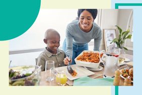 Mom serving pasta to son for dinner 