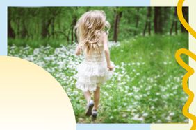 Girl running through a spring meadow 