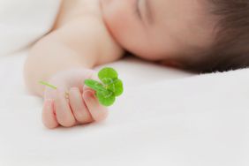 baby holding a lucky four-leaf clover