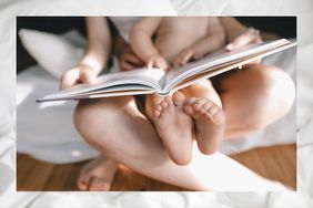 baby reading book with mom on her lap