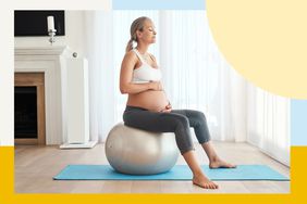 Pregnant person sitting on a birthing ball