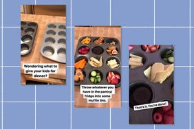 Three screenshots from a mom's tiktok video about creating dinner in muffin tins.