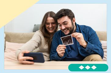 Couple showing off sonogram to phone 