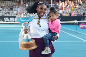 Serena Williams of the US with her daughter Alexis Olympia after her win against Jessica Pegula of the US during their women's singles final match during the Auckland Classic tennis tournament in Auckland on January 12, 2020.