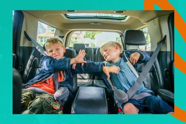 siblings fighting in the backseat of a car