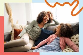 Mom and daughter talking and laughing on the couch