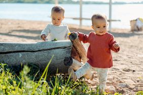 Baby twins standing together on a beach near a log exploring nature