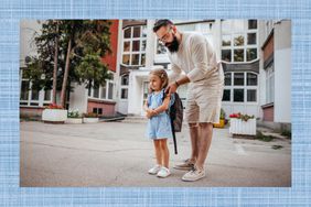 father and daughter putting on backpack for school