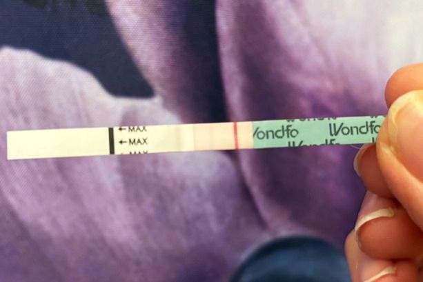 A person holding a Wondfo Ovulation Test Strip