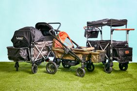 three stroller wagons on grass with a blue background