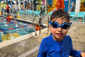 A child wears Speedo Skoogles Swim Goggles at a pool