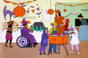 An illustration of a Halloween party with a snack table and apple-bobbing