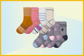 Bombas Youth Calf Socks arranged on a blue and yellow background