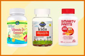 Three vitamin d supplements for kids arranged on a yellow background