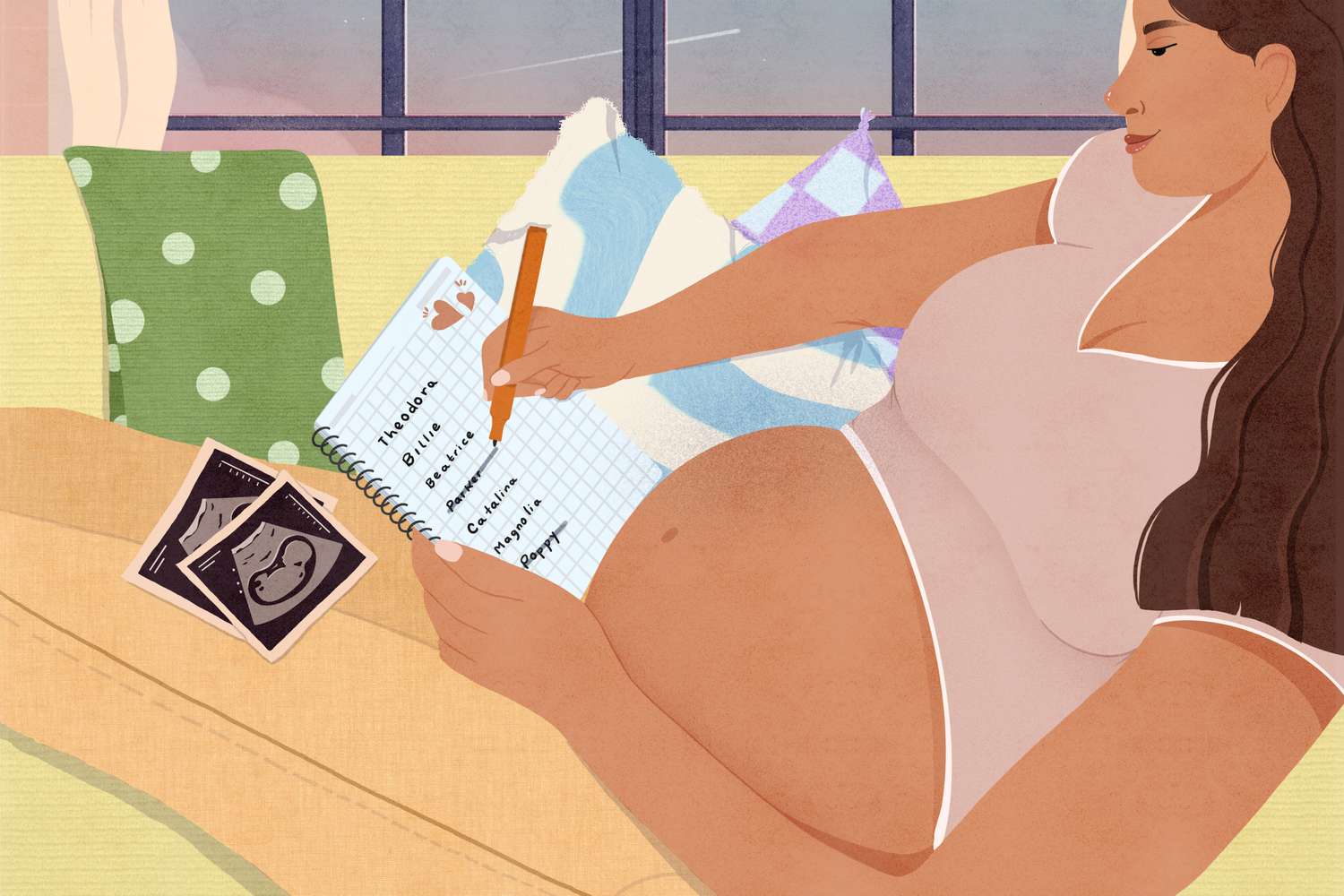 Illustration of a pregnant woman sitting on a couch writing a list of baby names 