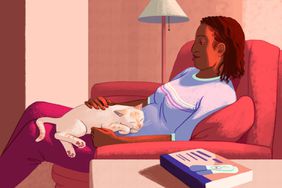 An illustration with a cat laying on a person with a positive pregnancy test nearby