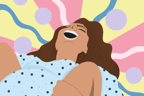 woman in labor with psychedelic background