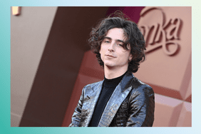 Timothee Chalamet in black leather blazer with a black turtleneck at the Willy Wonka premiere, with a ombre teal border