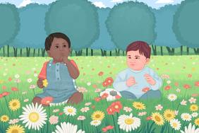 Illustration of two babies sitting in a field of flowers.