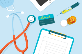 An illustration of a Medicaid card and doctor's tools.