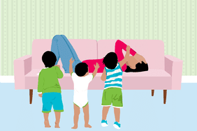 Illustration of a sad parent on a couch surrounded by their kids