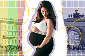 Pregnant woman in front of Russian Architecture 